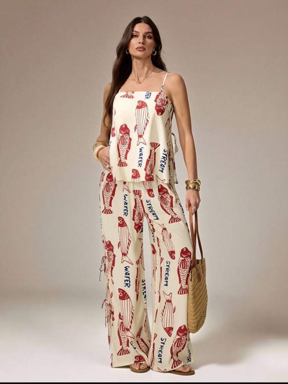 Women’s Cream Wide-Leg Fish Print Jumpsuit Set - Blue Print - Picture 4 of 8